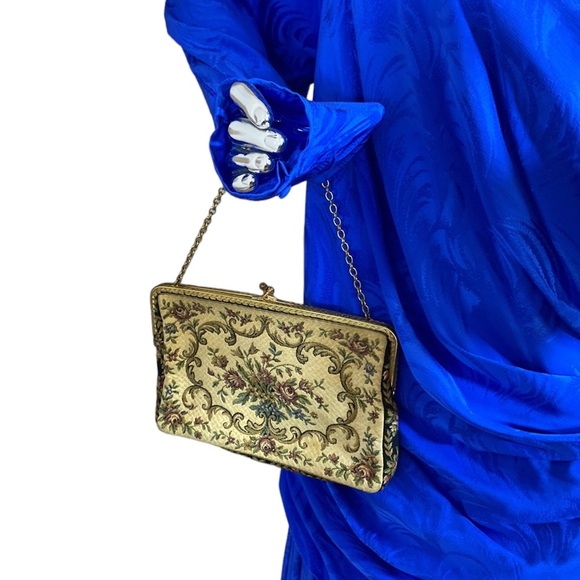 Vintage‎ Purse Clutch Bag Yellow Floral Tapestry Cocktail Evening Gold Chain - Picture 1 of 11